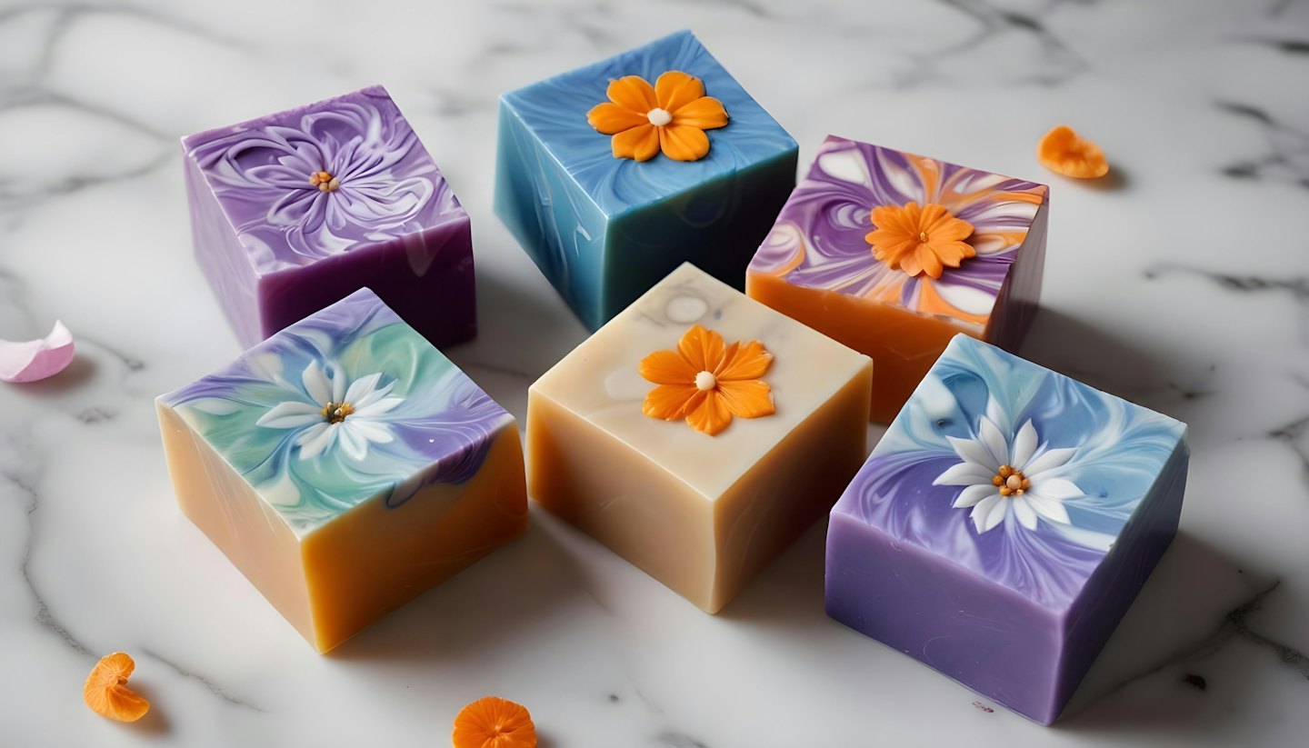 Six artisanal swirled soap bars with flower embellishments on marble.