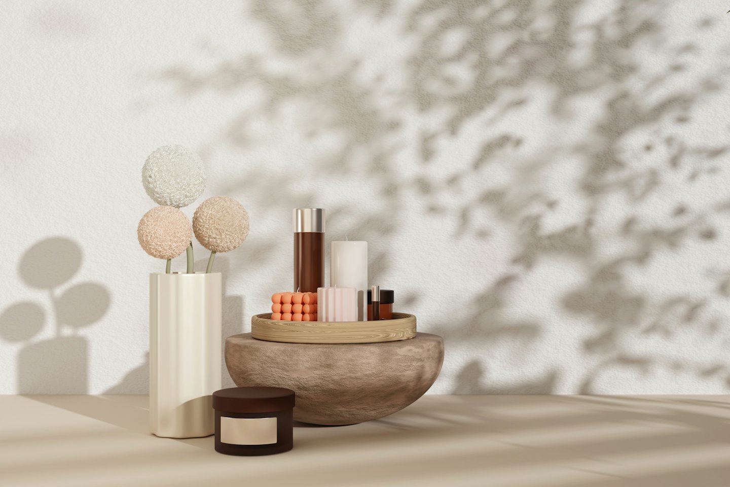 Home decor items including vases and candles arranged on a surface.